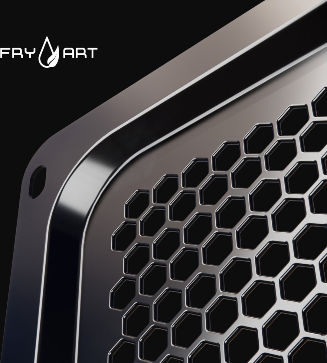 Close-up of a silver hexagonal grille with the 'FRY ART' logo.
