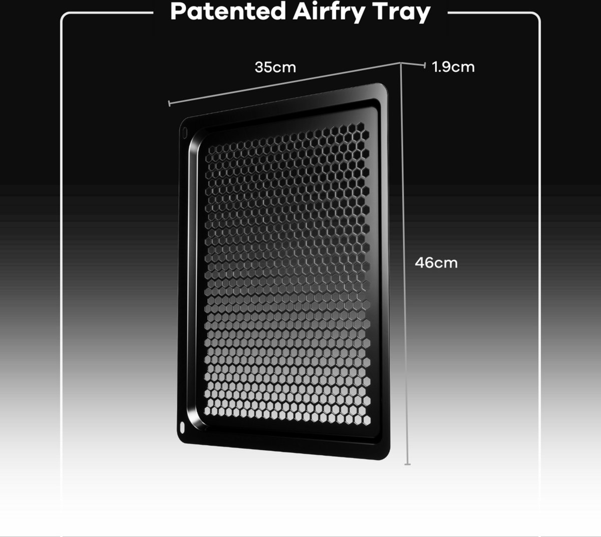 Black, rectangular airfryer tray with honeycomb surface and dimensions.