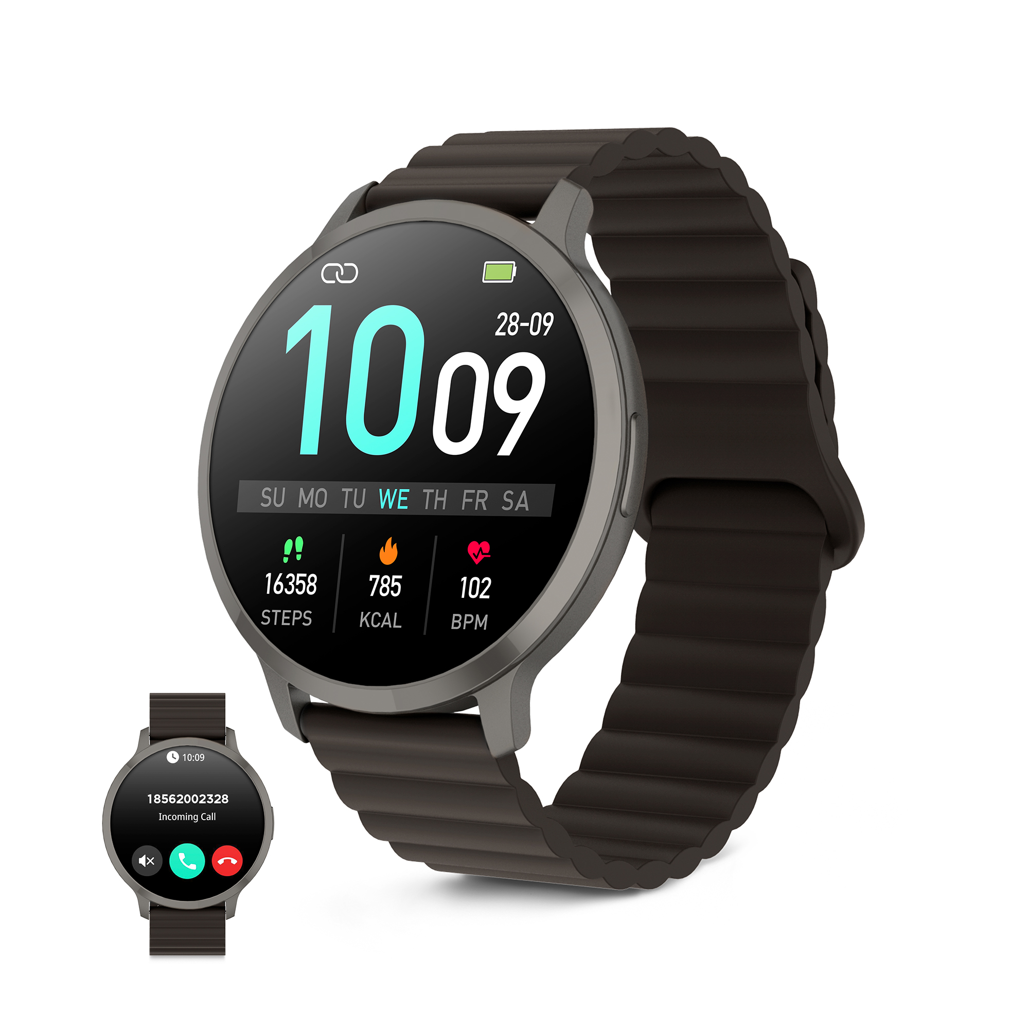 Uno smartwatch grigio con cinturino scuro mostra le 10:09 e una chiamata in arrivo.