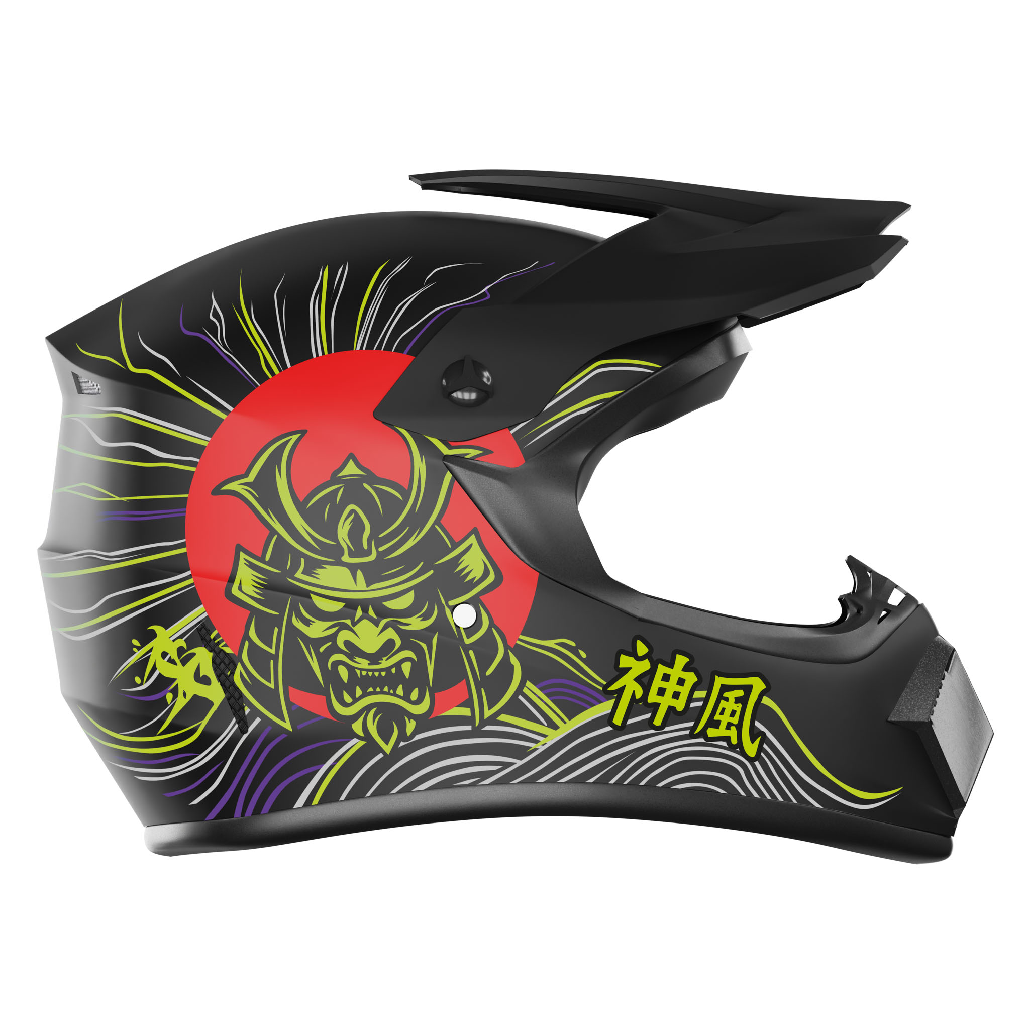 Schwarzer Helm mit Samurai-Masken-Design, roter Sonne und Wellenlinien.