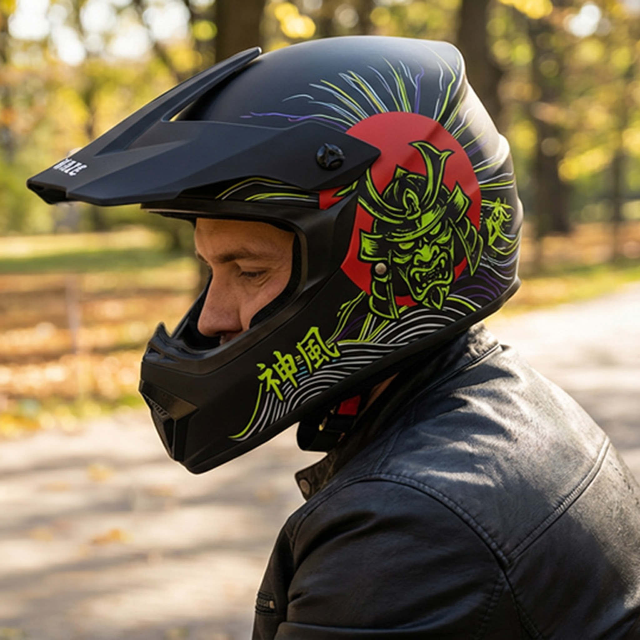 Ein Mann trägt einen schwarzen Helm mit Samurai-Design. Im Hintergrund Bäume.
