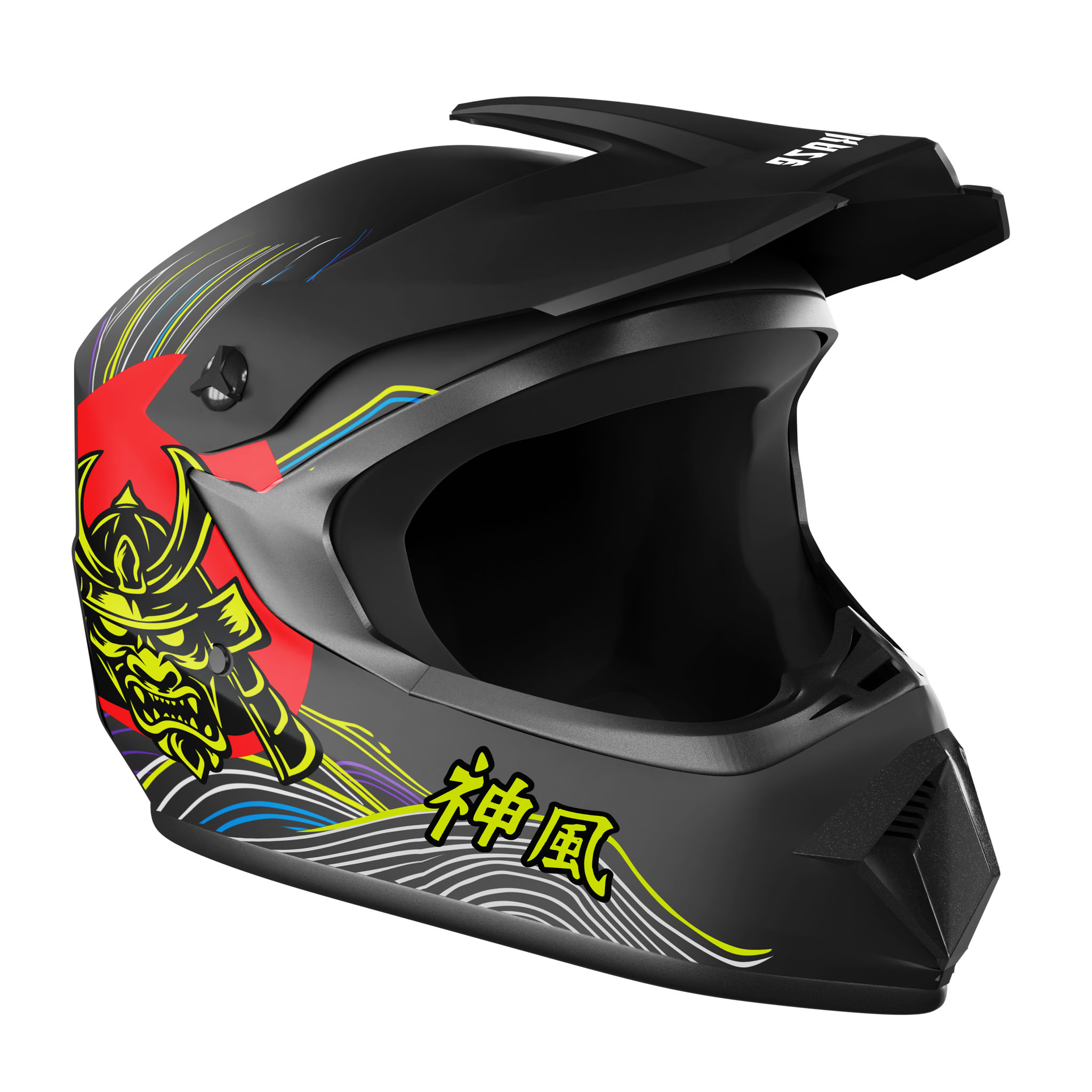 Schwarzer Helm mit Samurai-Motiv, roten Kreis und Wellenlinien.