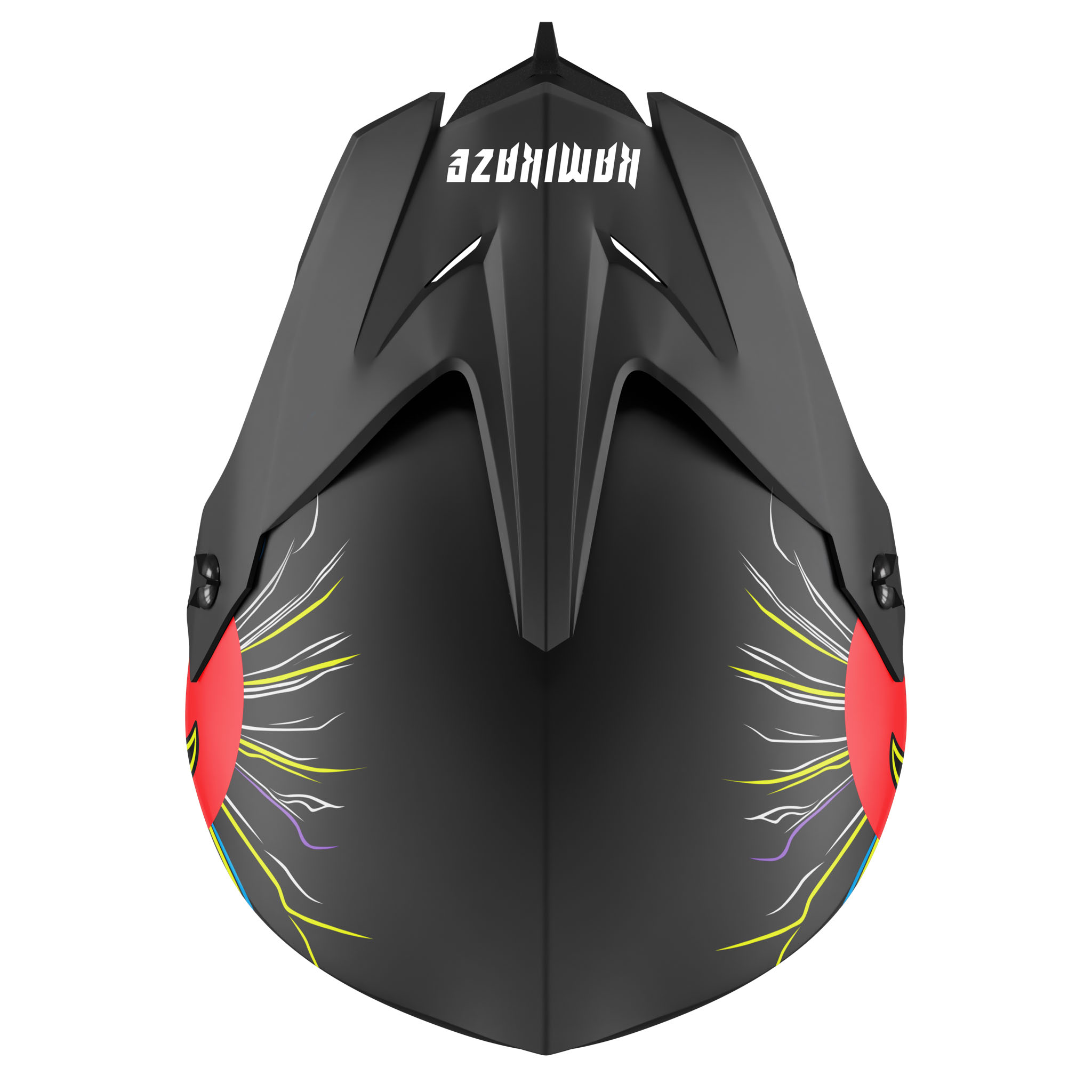 Schwarzer Helm mit rotem Sonnendesign und "KAMIKAZE"-Schriftzug.