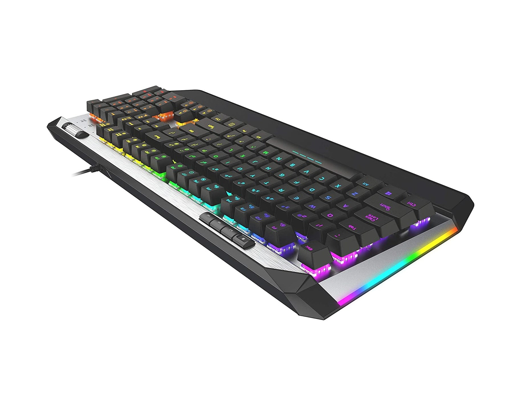 Gümüş vurgulu, RGB aydınlatmalı siyah bir klavye.