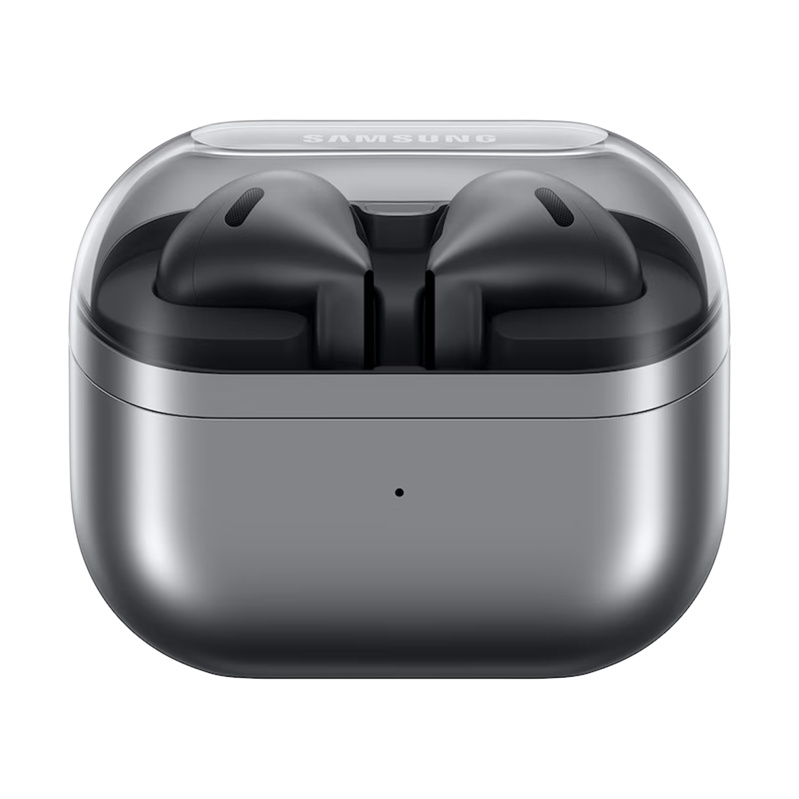 Szare słuchawki Samsung w przezroczystym etui ze srebrną obręczą.