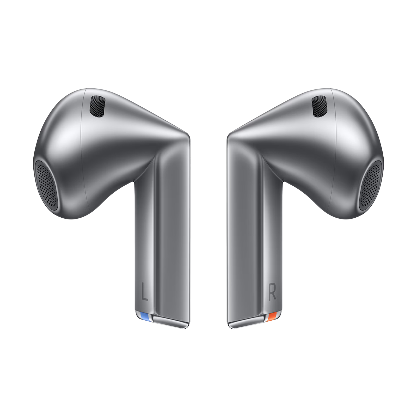 Dwa srebrne słuchawki z oznaczeniami L i R i kolorowymi akcentami.