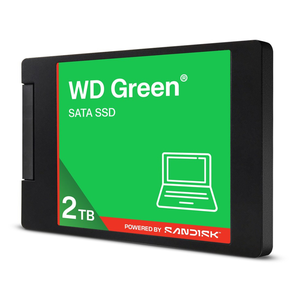 Dysk SSD SATA WD Green 2TB z ikoną laptopa. Zasilany przez SanDisk.