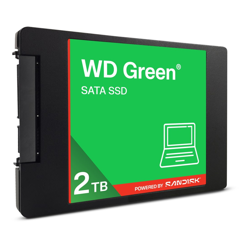 Dysk SSD SATA WD Green 2TB z ikoną laptopa. Czarna obudowa, zielona etykieta.