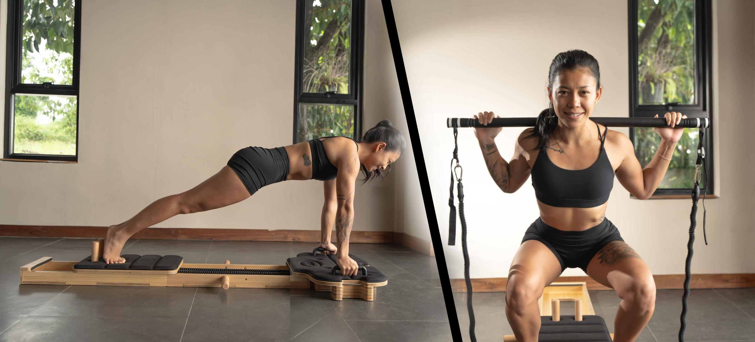 Kobieta wykonuje plank i przysiad ze sztangą na siłowni.