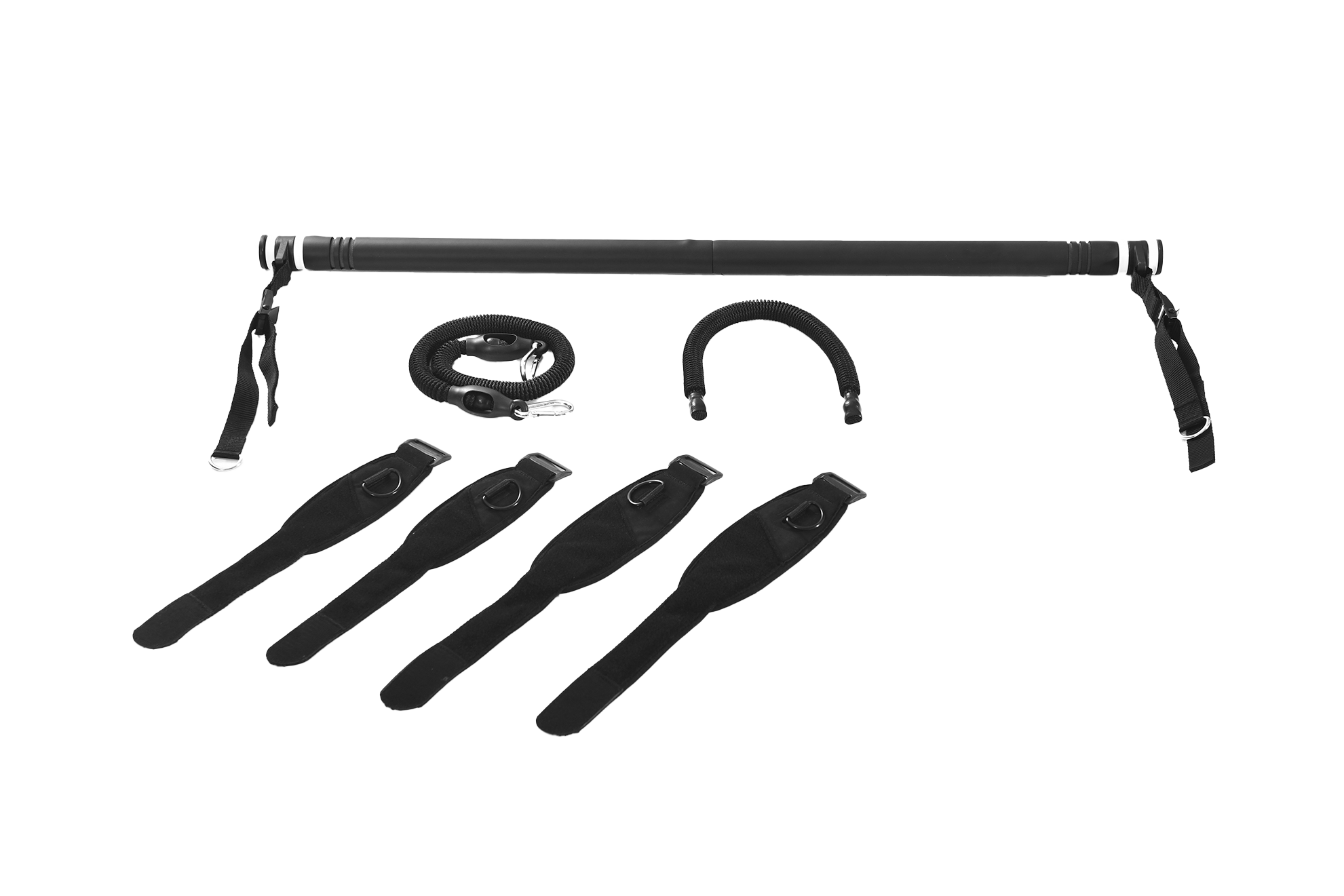 Czarny drążek do Pilates z linkami, pętlami i zakrzywionym elementem.