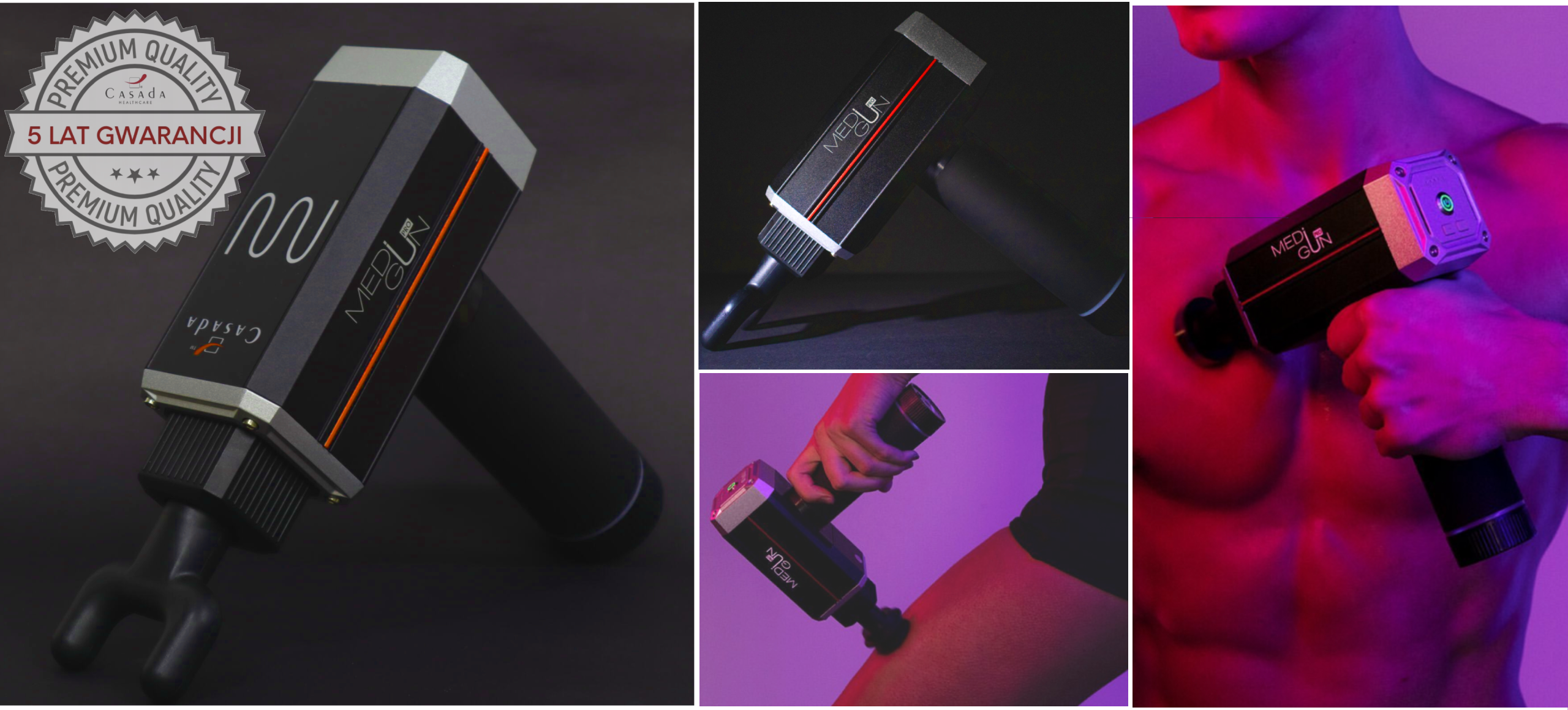 Pistolet do masażu skierowany na umięśniony tors. Czerwone i fioletowe światło.