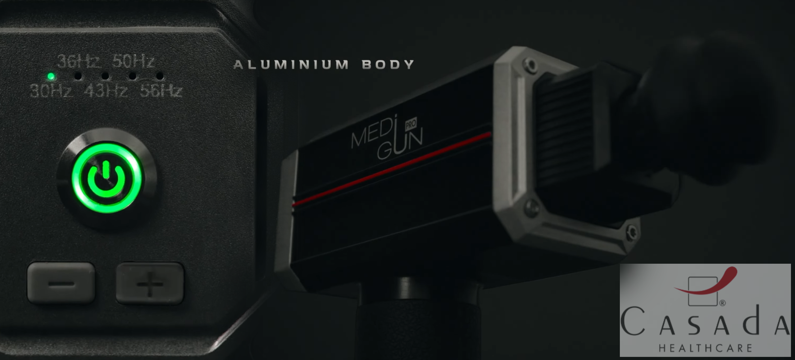 Pistolet do masażu z przyciskiem zasilania, wskaźnikami częstotliwości i aluminiową obudową.