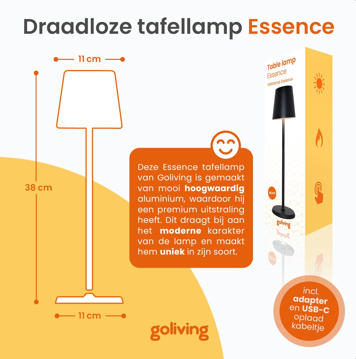 Wireless table lamp Essence, 38cm high, 11cm wide, made of aluminum.