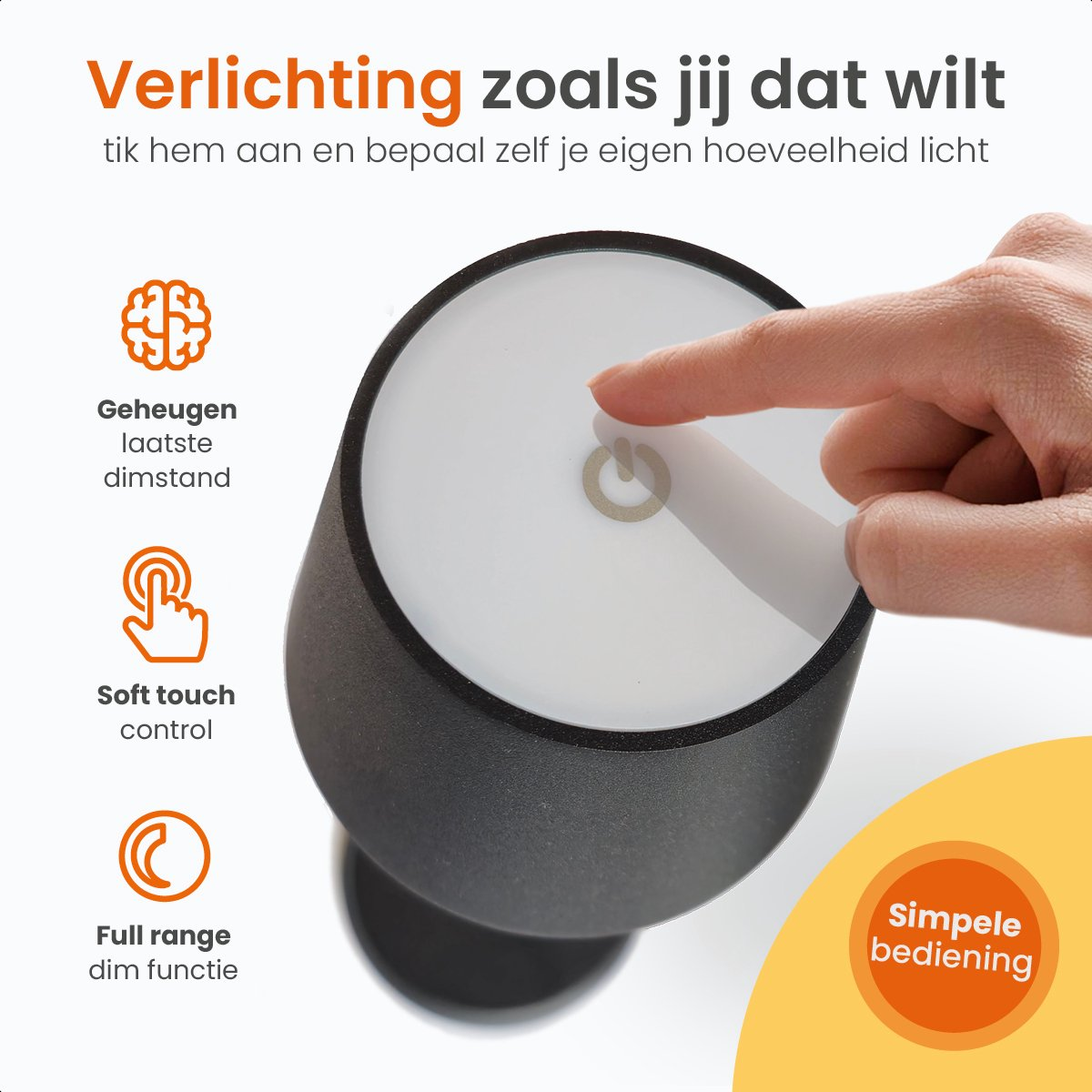 A finger taps the light icon on a lamp. Features: memory, soft-touch, dimming.