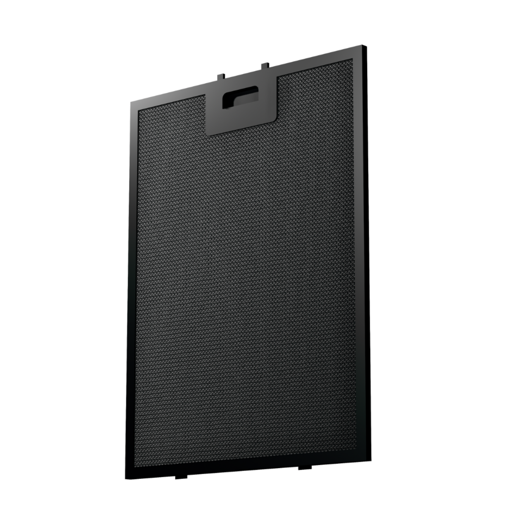 A black range hood filter with a handle.