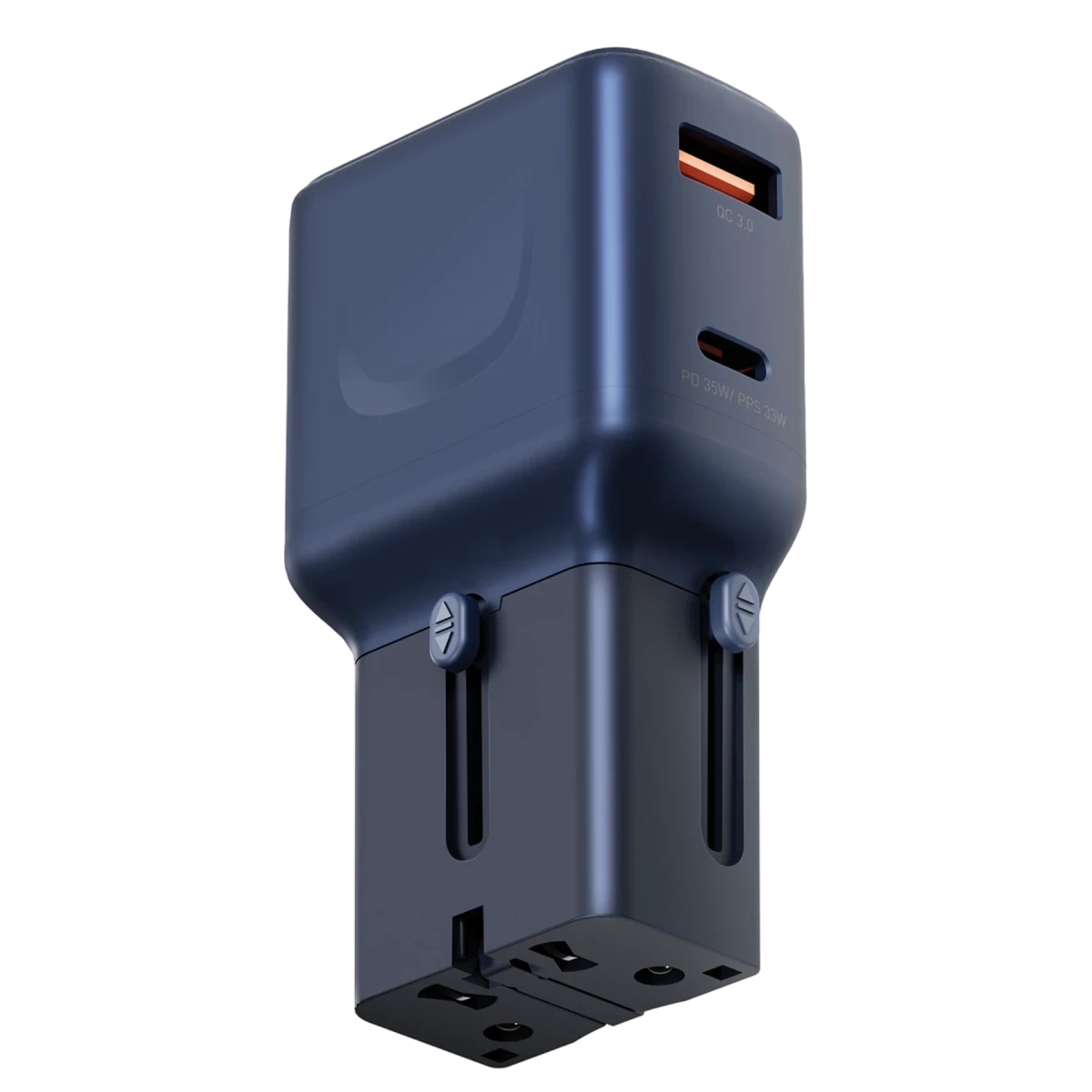 Çoklu priz ve USB bağlantı noktalarına sahip koyu mavi seyahat adaptörü.
