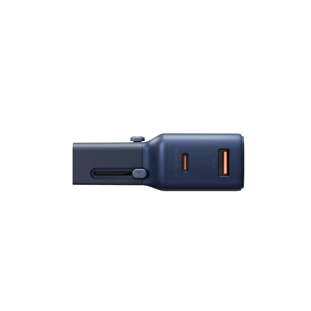 Kaydırıcılı, iki portlu koyu mavi USB adaptörü.