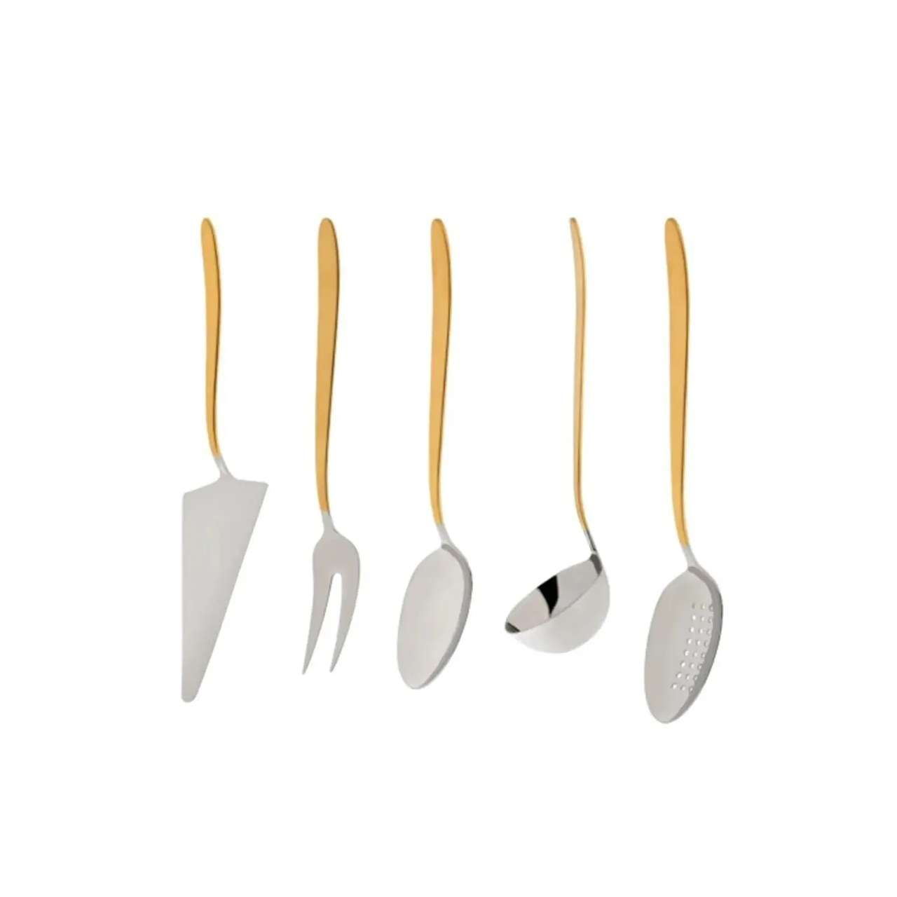 Mutfak gereçleri seti: pasta servis, çatal, kaşık, kepçe, süzgeçli kaşık.