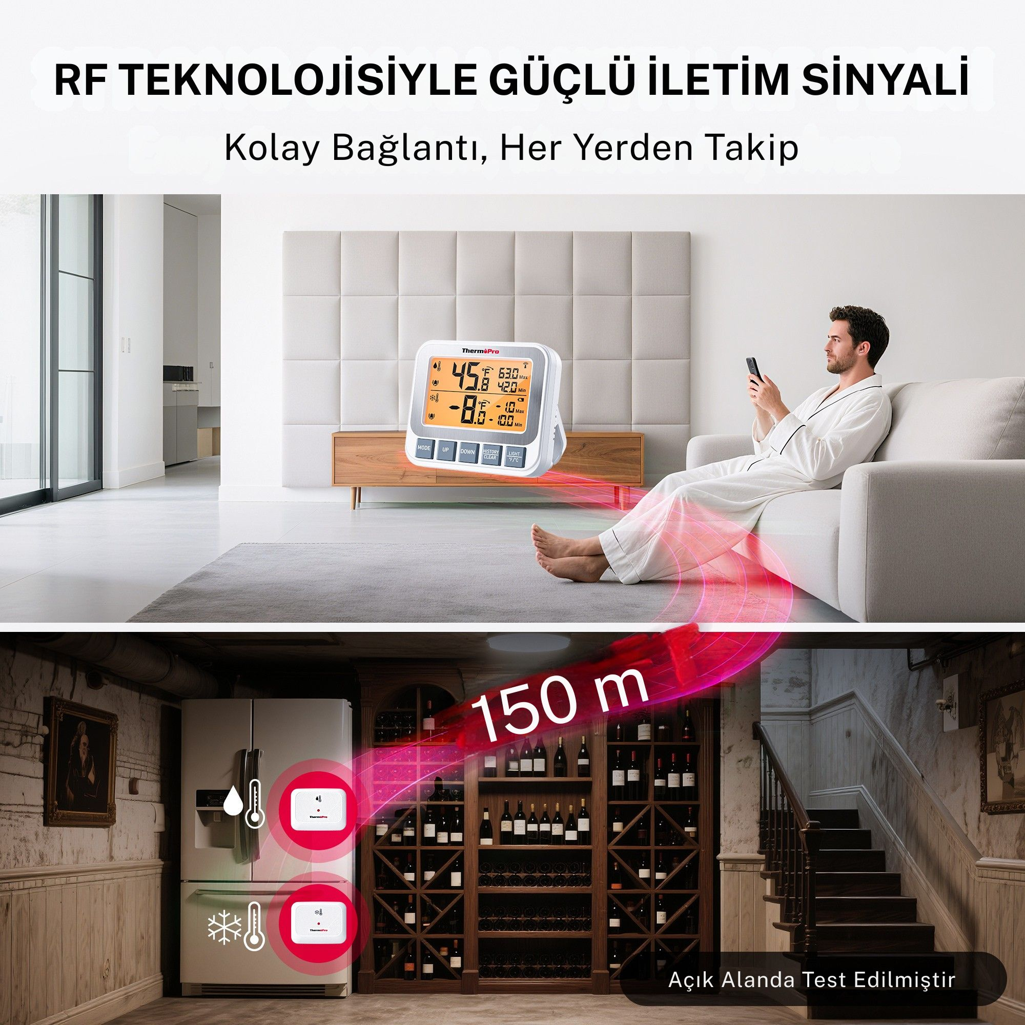 Borğulu adam koltukta, termometre ekranı, şarap raflı bodrum. 150m menzil.