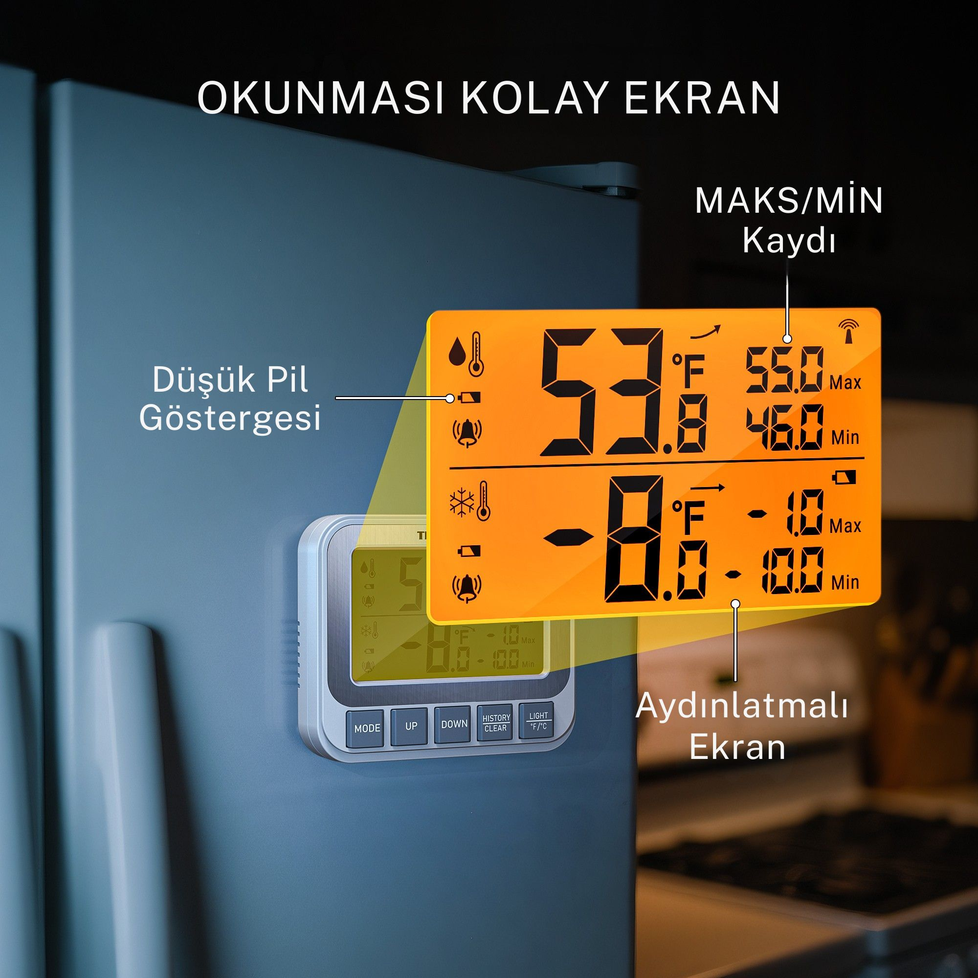 Turuncu ekrana sahip bir termometre, maksimum/minimum sıcaklıkları ve düşük pil göstergesini gösterir.