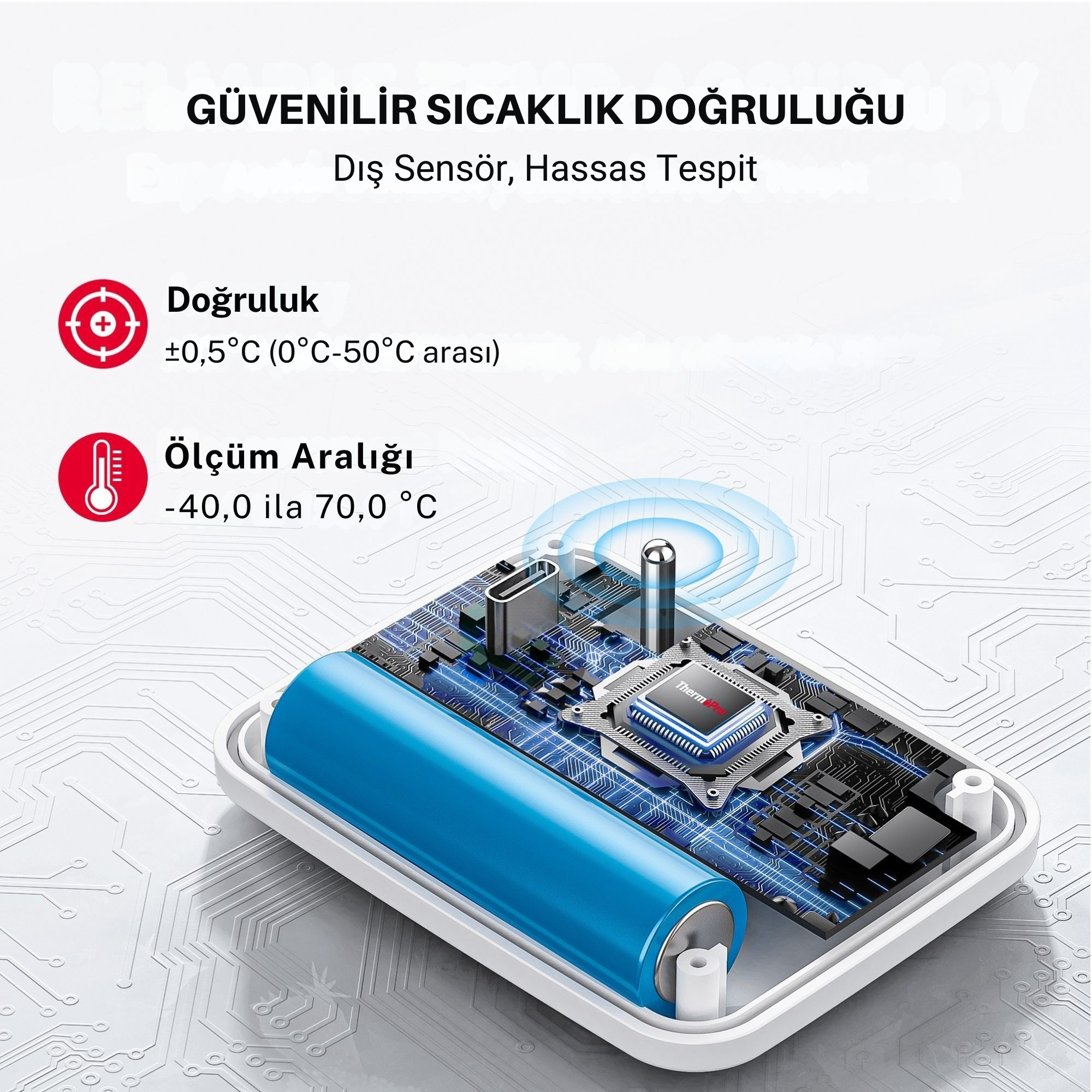 Mavi pil ve USB-C bağlantı noktasına sahip termometre çipi.