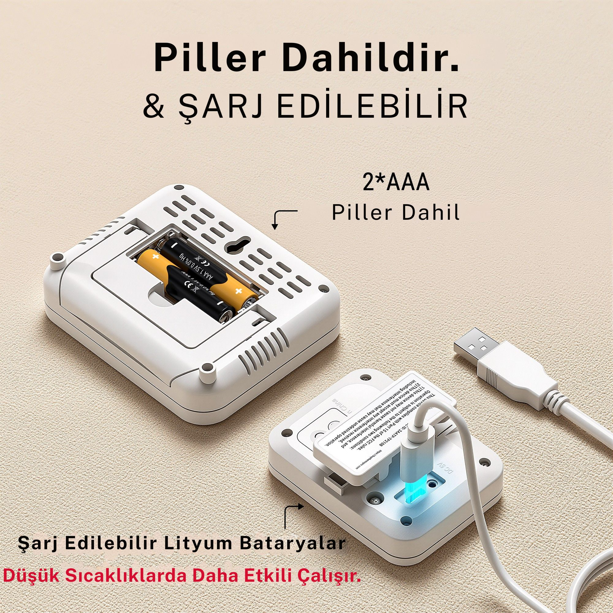 AAA pilli ve USB portlu beyaz bir cihaz gösteriliyor.
