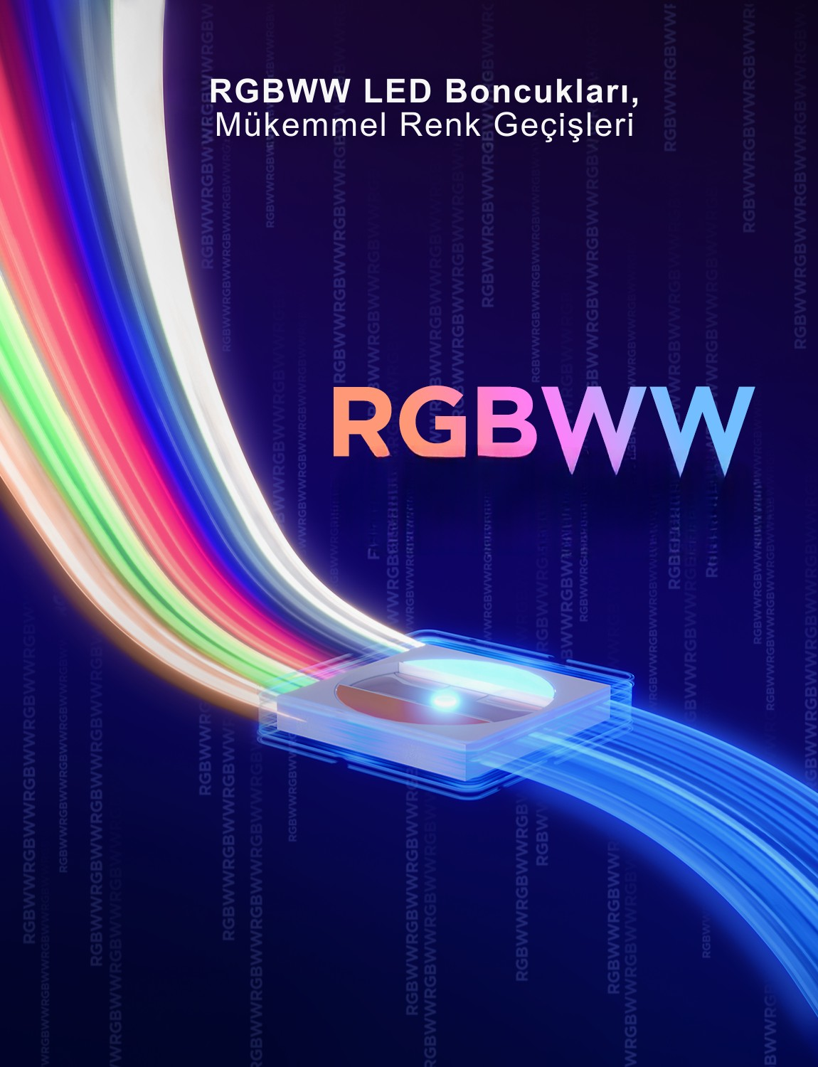 RGBWW LED çipi gökkuşağı renkleriyle aydınlanıyor.
