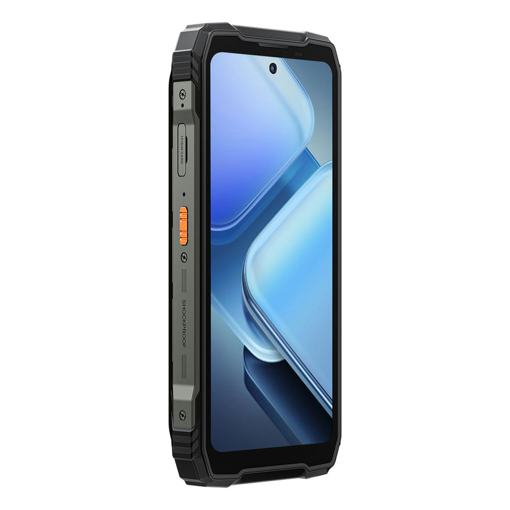 Wytrzymały czarny smartfon ze slotem na kartę SIM i pomarańczowym przyciskiem.