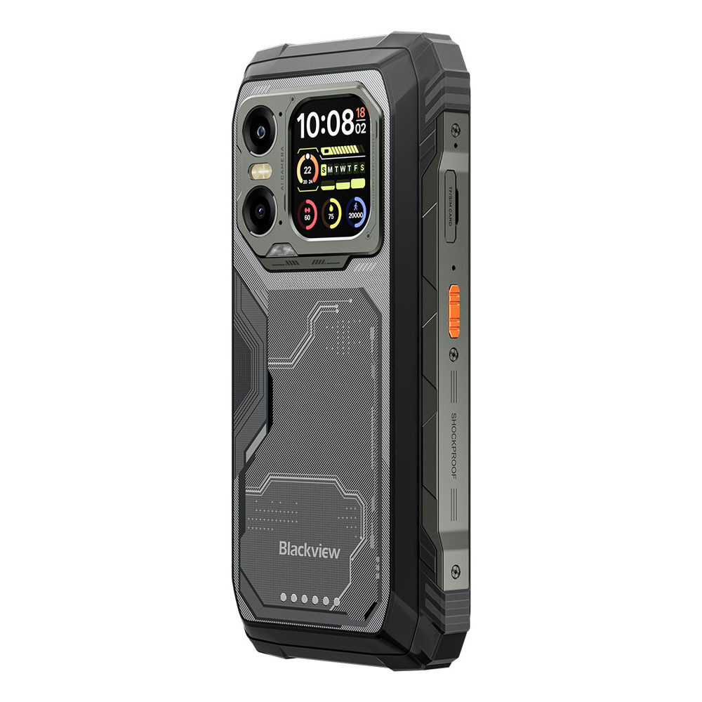 Wytrzymały smartfon z aparatami, godzina 10:08 i wskaźnikiem baterii.