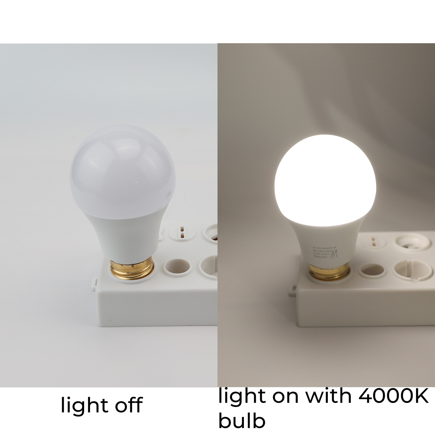 Bombilla LED apagada y encendida (4000K) sobre fondo blanco.