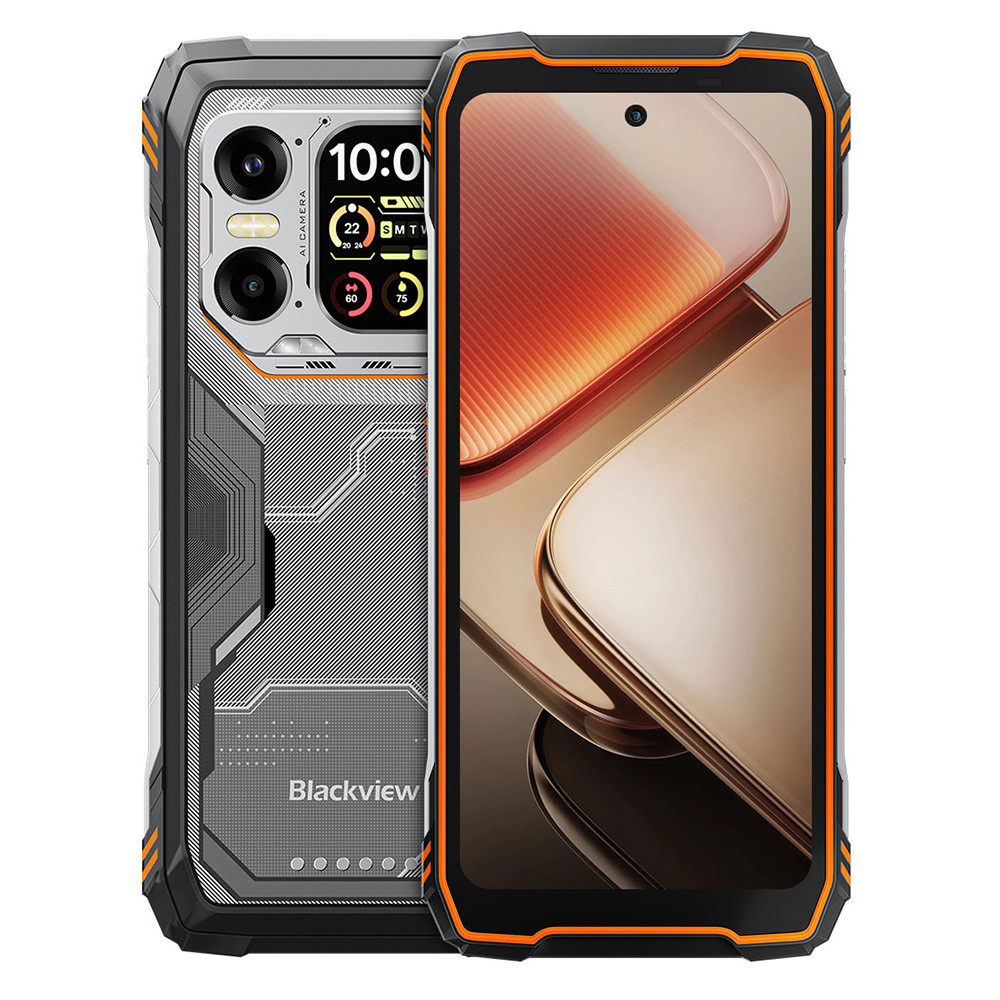 Ein robustes Smartphone mit orangefarbenem Rahmen und Kameras auf der Rückseite.