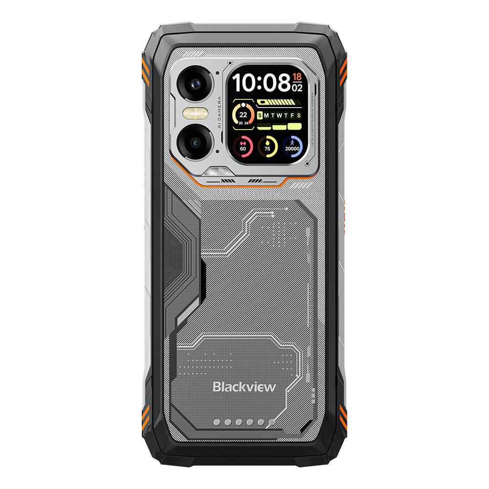 Robustes schwarzes und graues Smartphone mit orangefarbenen Akzenten und kleinem Zusatzdisplay.