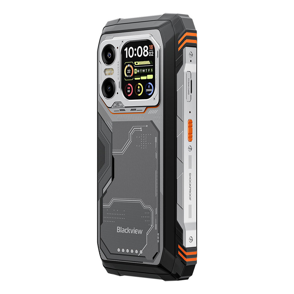 Ein robustes schwarzes und silbernes Smartphone mit orangen Akzenten und Kamera auf der Rückseite.
