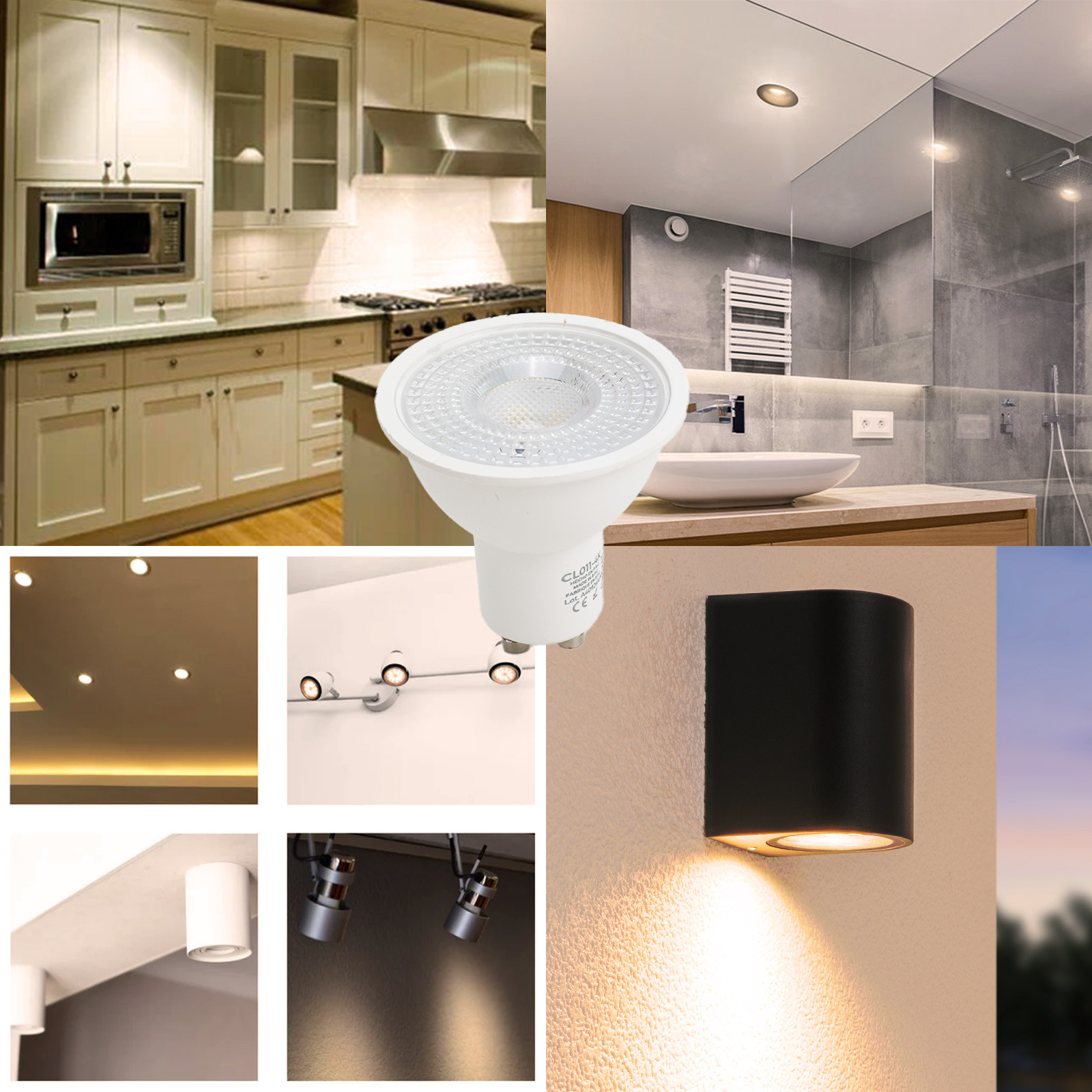 El collage muestra varias luces: cocina, baño, techo, pared, cielo.