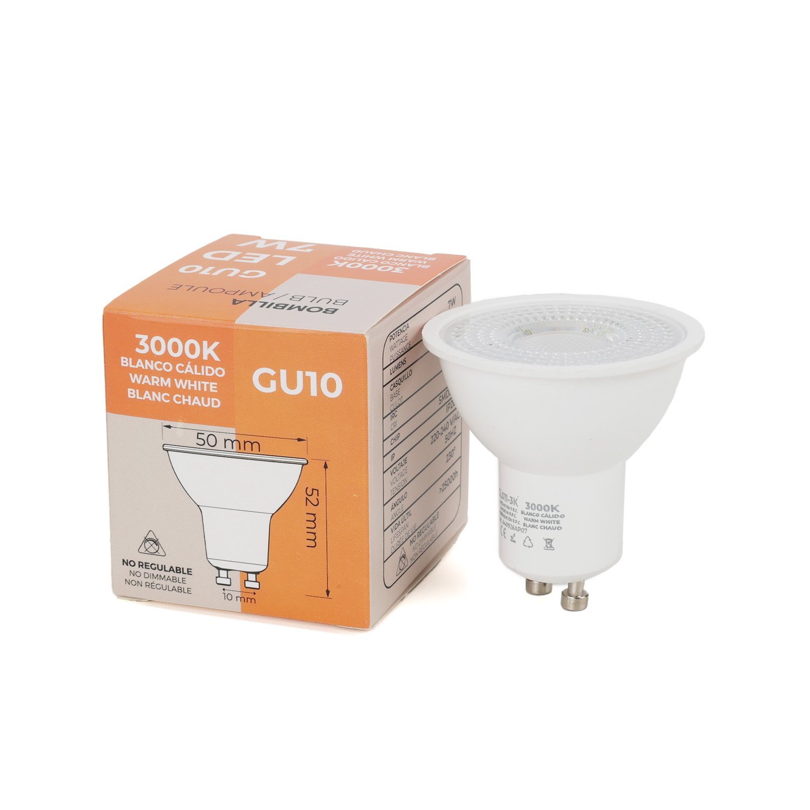Una bombilla LED GU10 blanca y su embalaje. La bombilla está al lado de la caja naranja con detalles del producto.
