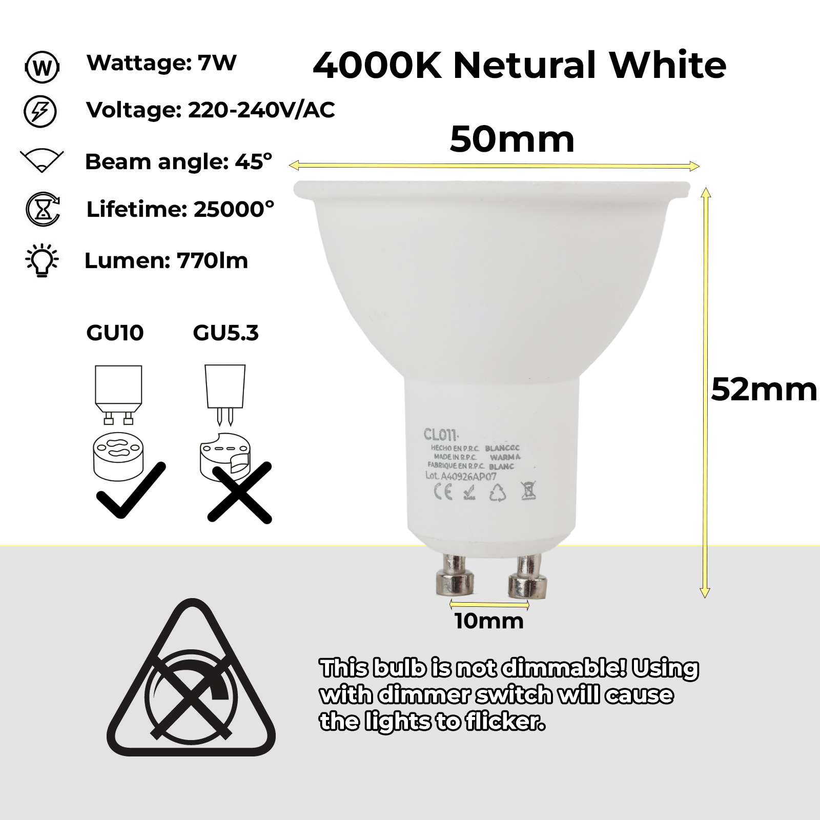 Bombilla LED blanca, 7W, 4000K, 770lm, 50x52mm, base GU10/GU5.3.