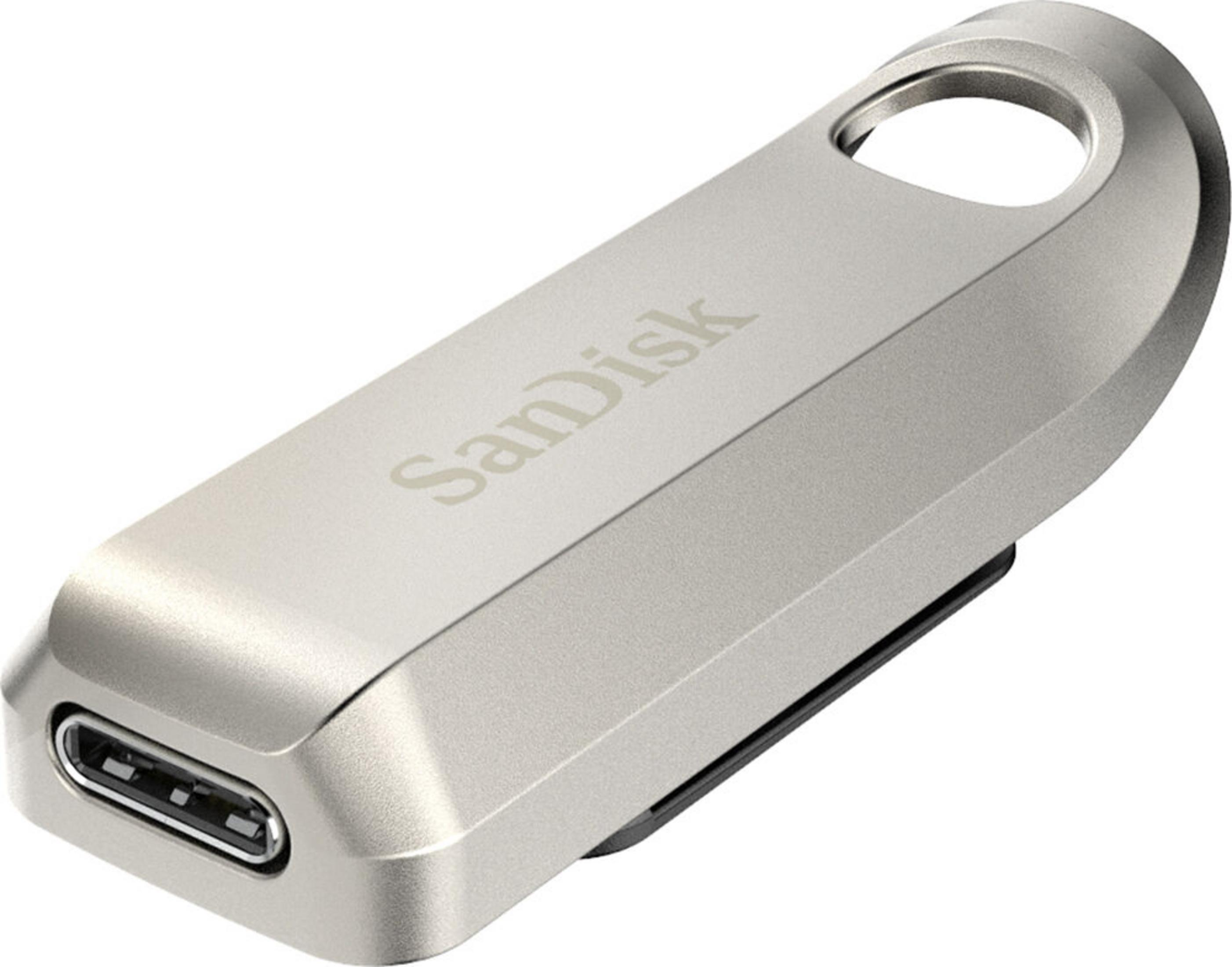 Silberner USB-C-Stick mit "SanDisk"-Logo und einem Loch am Ende.