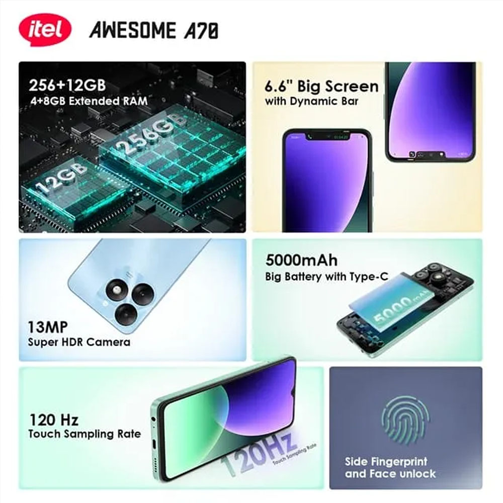 Itel AWESOME A70: 256+12GB Speicher, 6,6-Zoll-Bildschirm, 13MP Kamera, 5000mAh Akku, 120Hz, Fingerabdrucksensor.