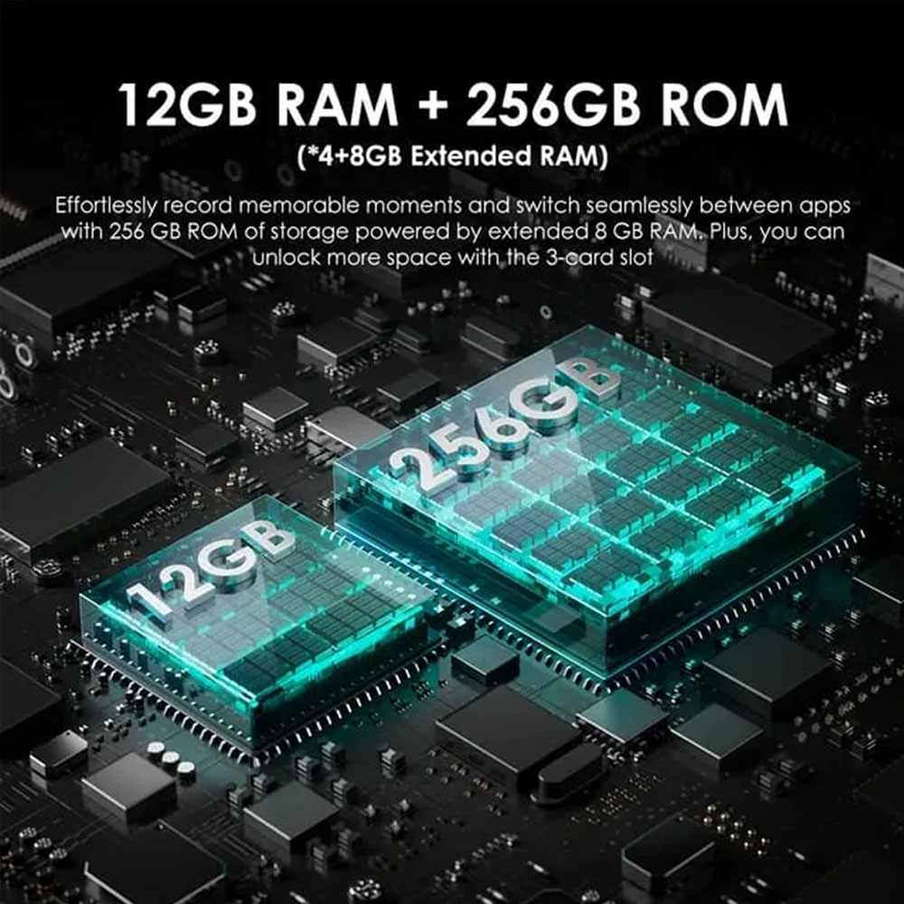 12GB RAM und 256GB ROM auf einer Platine mit leuchtenden Akzenten.