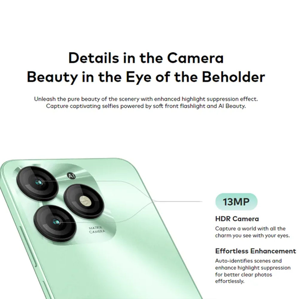 Ein hellgrünes Smartphone mit dreifacher Kamera und 13MP HDR-Kamera.