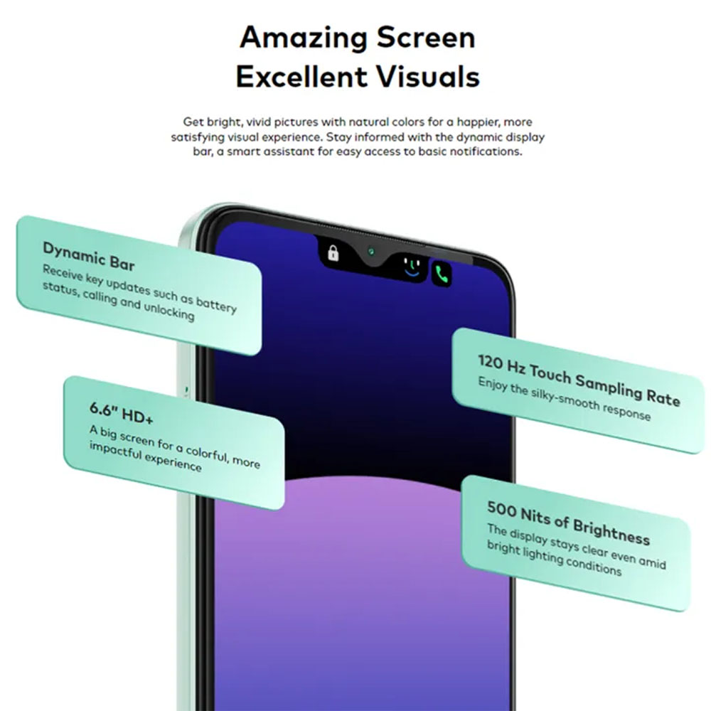 Ein Smartphone mit 6,6" HD+ Display, Dynamic Bar, 120 Hz Touch-Sampling-Rate, 500 Nits Helligkeit.