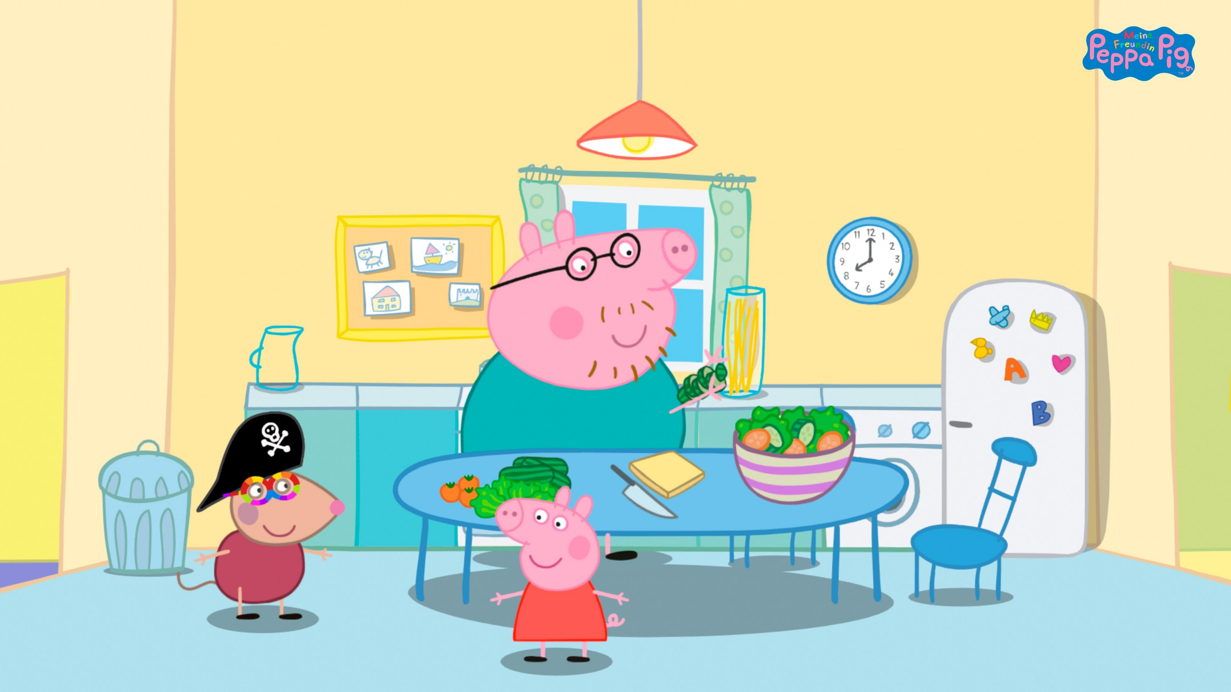 Papa Wutz, Peppa und ein Freund bereiten Essen in der Küche zu.