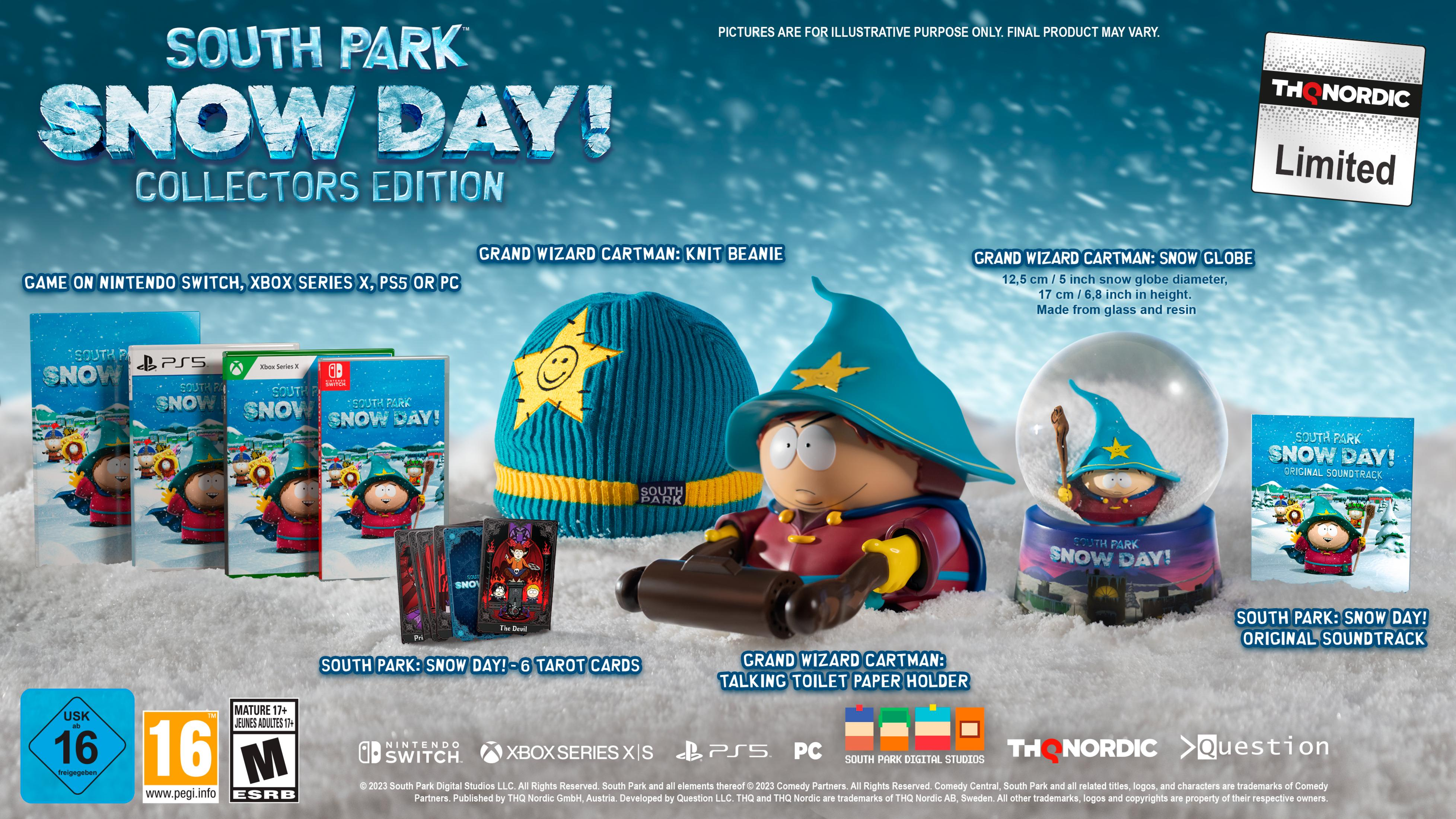 South Park Snow Day Edycja Kolekcjonerska z figurką Cartmana, czapką, kulą śnieżną, kartami i ścieżką dźwiękową.