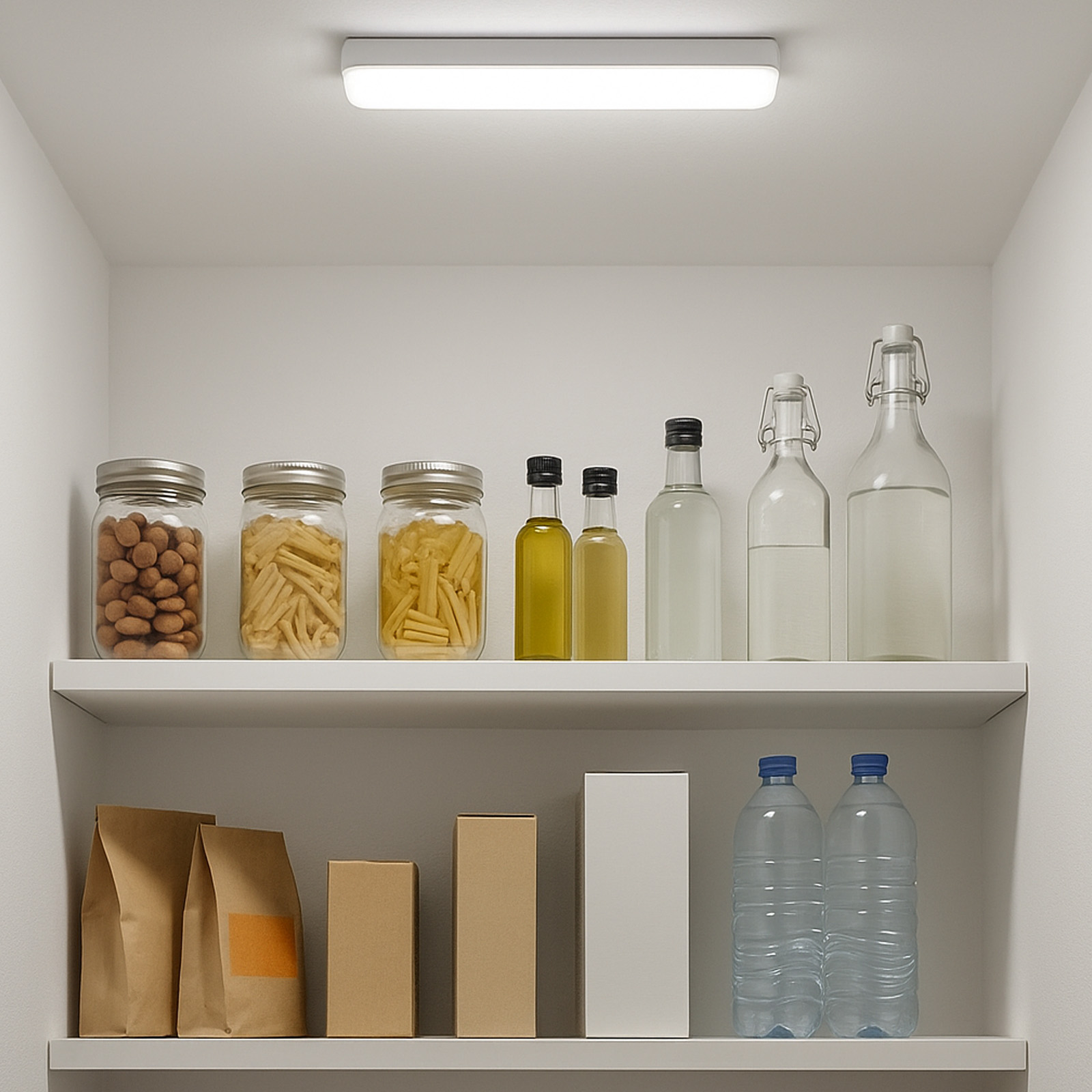 Dos estantes con provisiones: arriba frascos, botellas; abajo bolsas, cajas, botellas de agua.