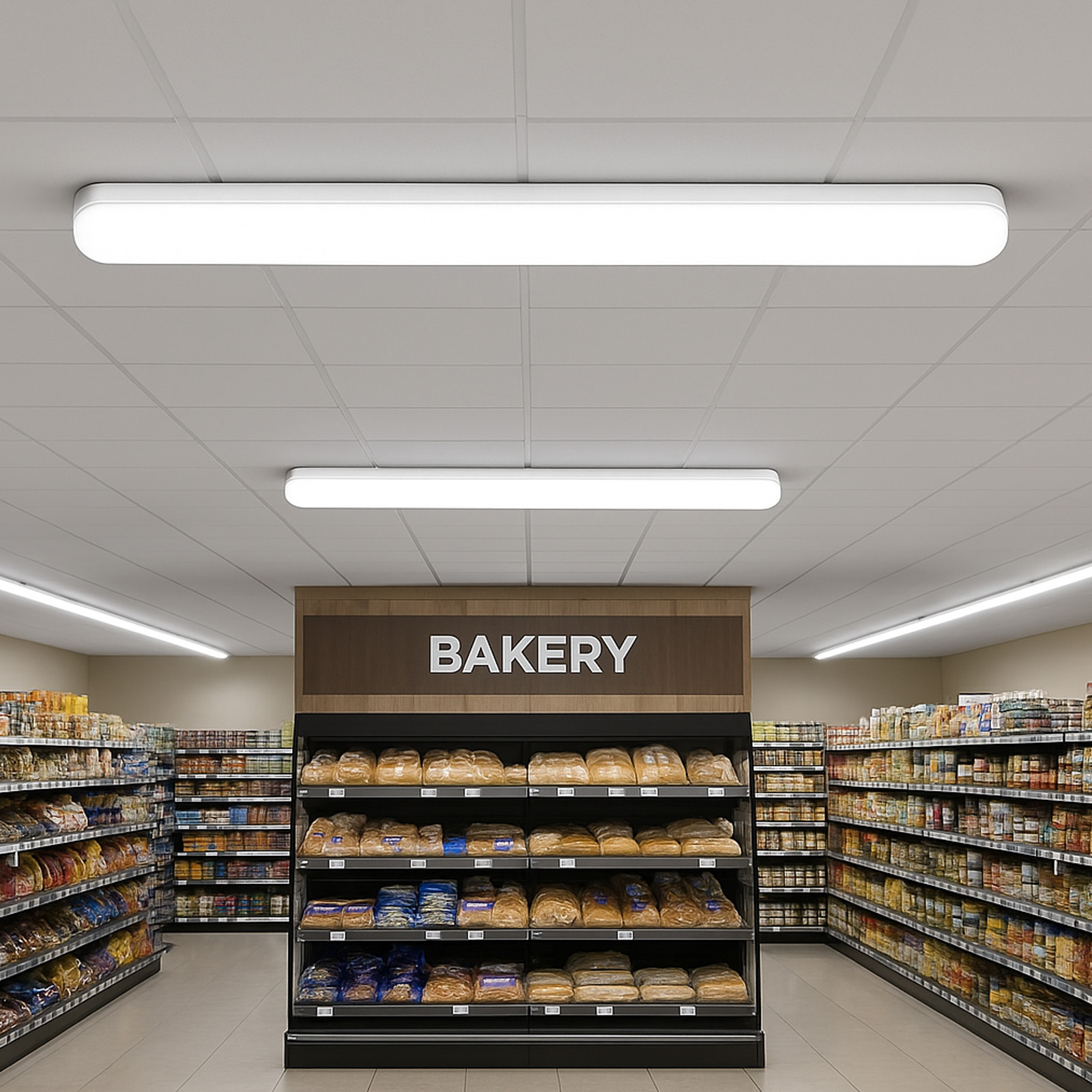 Exhibidor de panadería con pan y estantes de alimentos envasados en un supermercado.