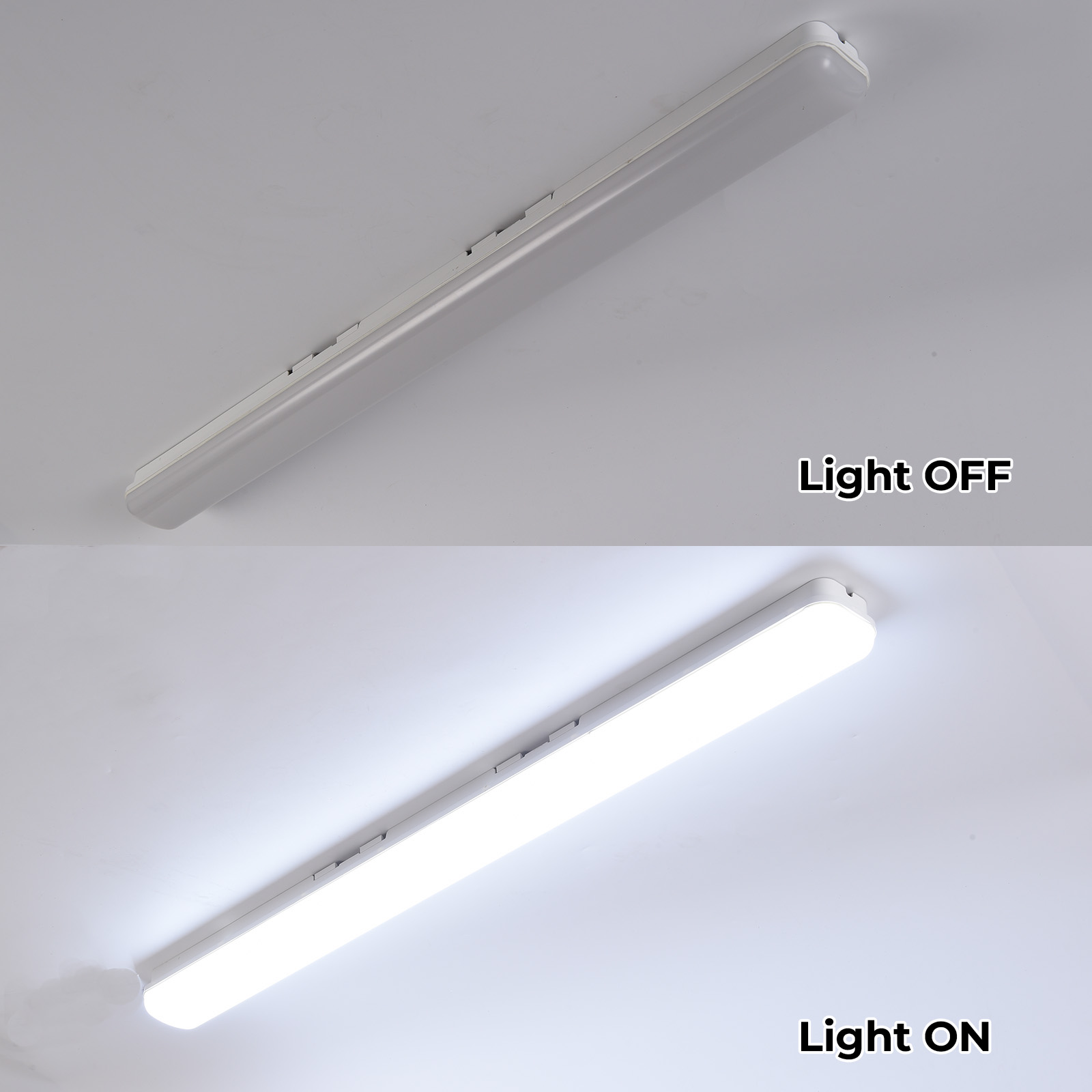 Una luz larga blanca en el techo, mostrada apagada y encendida.