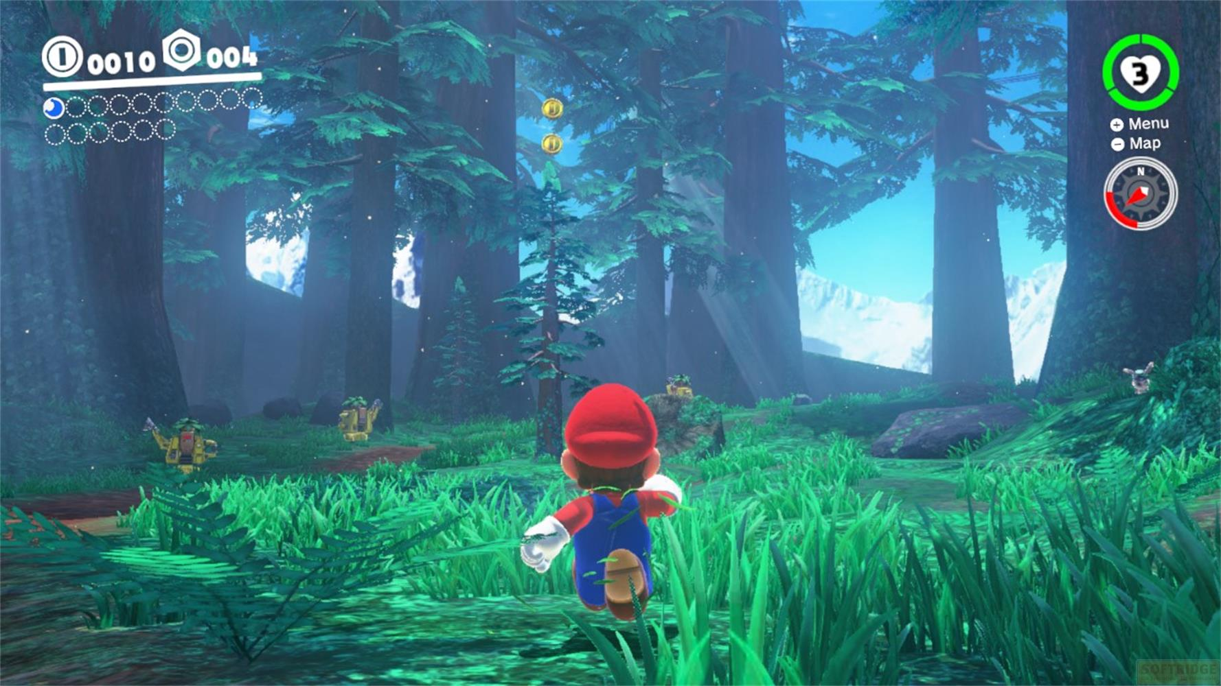 Mario läuft durch einen Wald mit hohen Bäumen und üppigem Gras. Münzen schweben in der Luft.