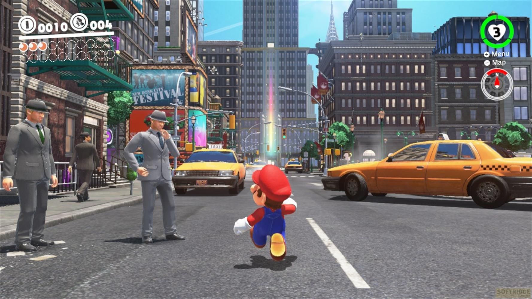 Mario rennt in einer Stadt mit gelben Taxis und Männern in Anzügen.