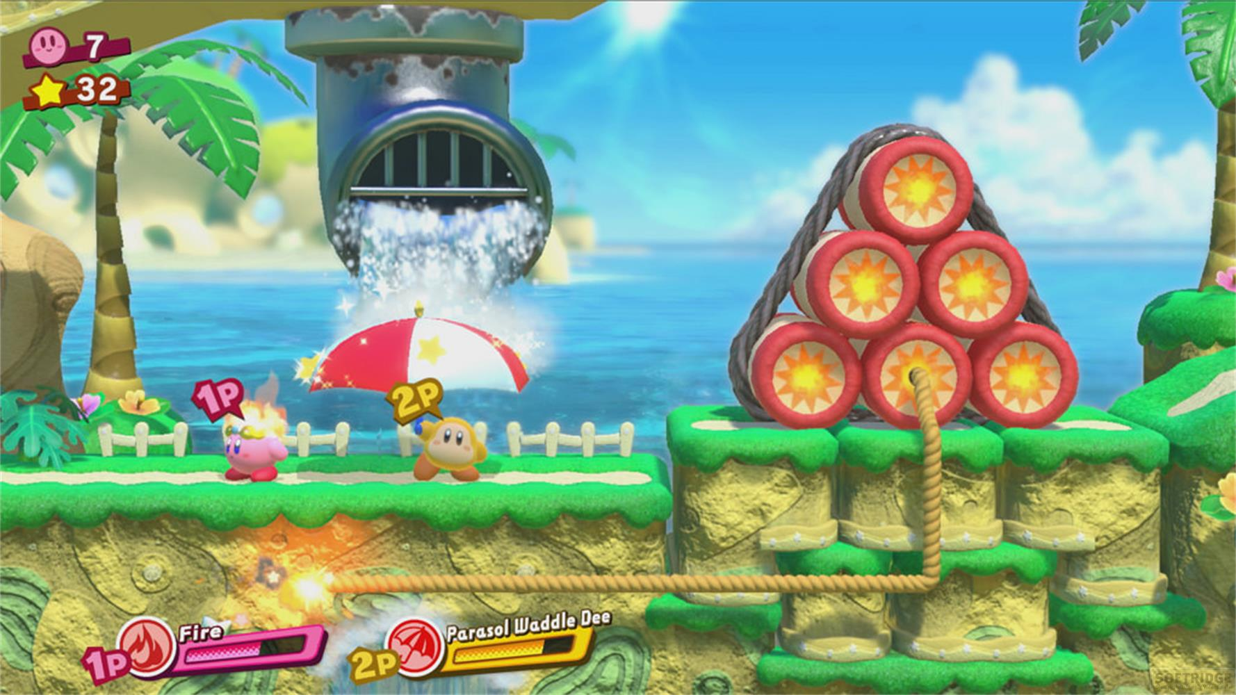 Kirby und ein Freund mit Schirm auf einer tropischen Insel. Wasser fließt aus einem Rohr.