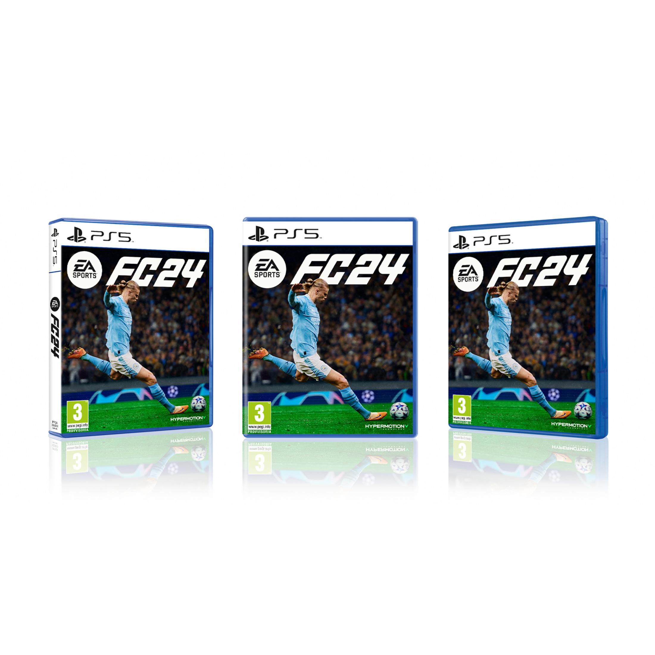 Custodia gioco EA Sports FC 24 PS5 con giocatore in maglia blu che calcia.